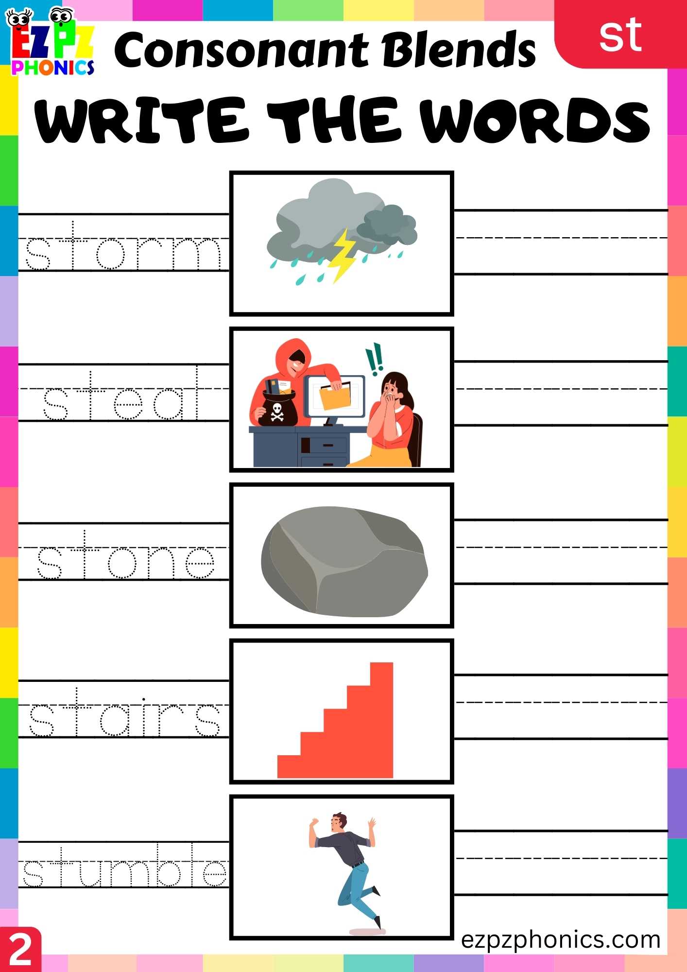Group2 ST Words Write The Words Phonics Consonant Blends Worksheet